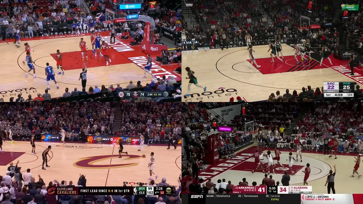 Collage of four NBA players: Tari Eason, Maxime Raynaud, Dean Wade and Darius Acuff Jr. in game action.