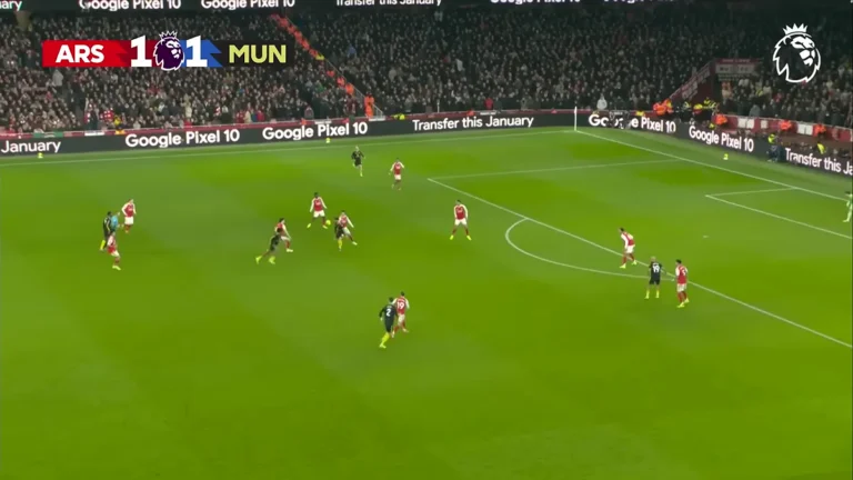 Wide broadcast shot of Arsenal vs Manchester United in a packed Emirates Stadium.